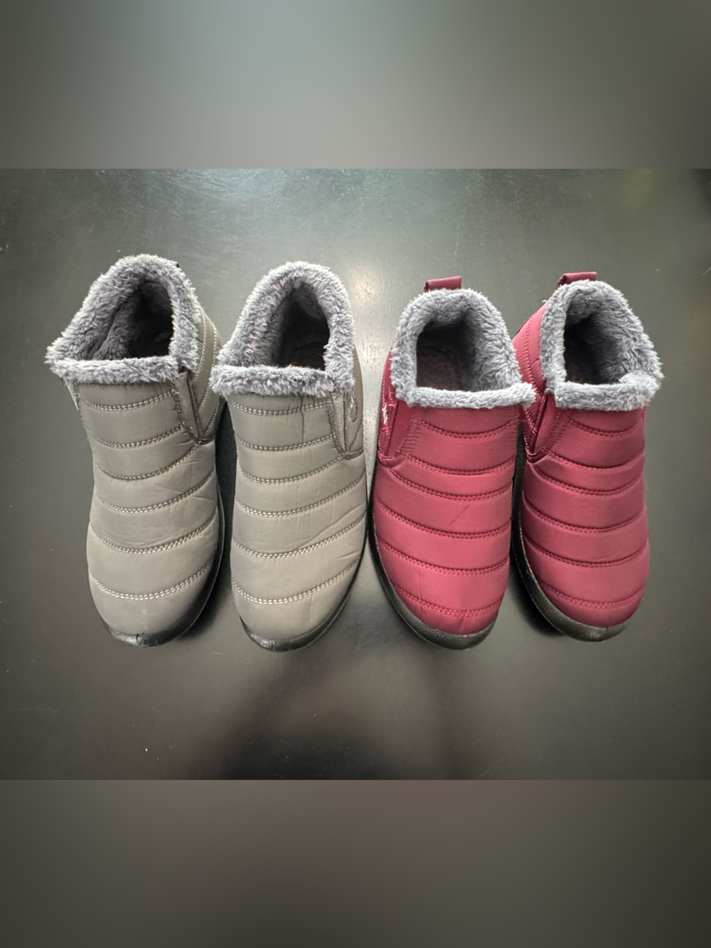 Women's Winter Slip-On Quilted Boots - Gray and Burgundy